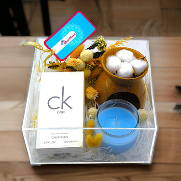 Calvin Klein Fragrance and Relaxation Set, Calvin Klein Cologne, Scented Candles, Oil Burner, Dried Flowers, Acrylic Box, Best Gift For Him